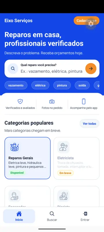 Tela inicial do app Eixo Serviços